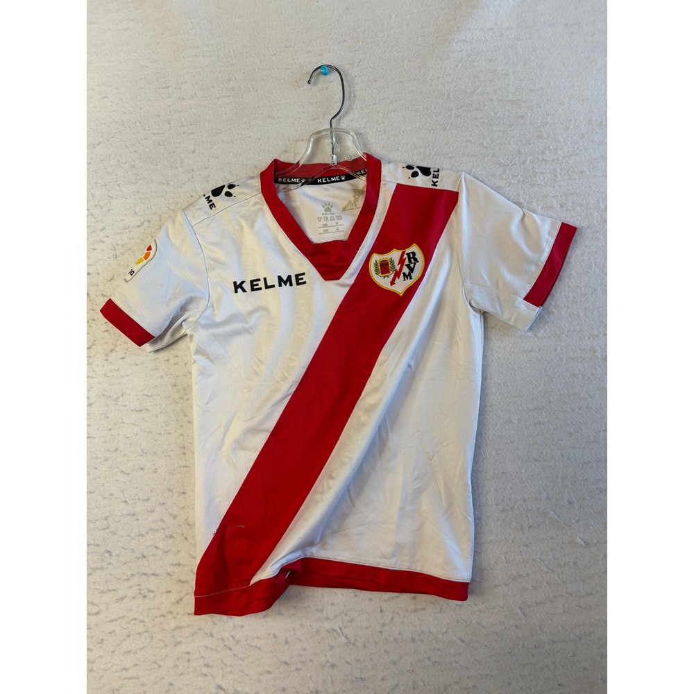 Kelme Rayo Vallecano Soccer Jersey Youth Small White Red Sash Short Sleeve